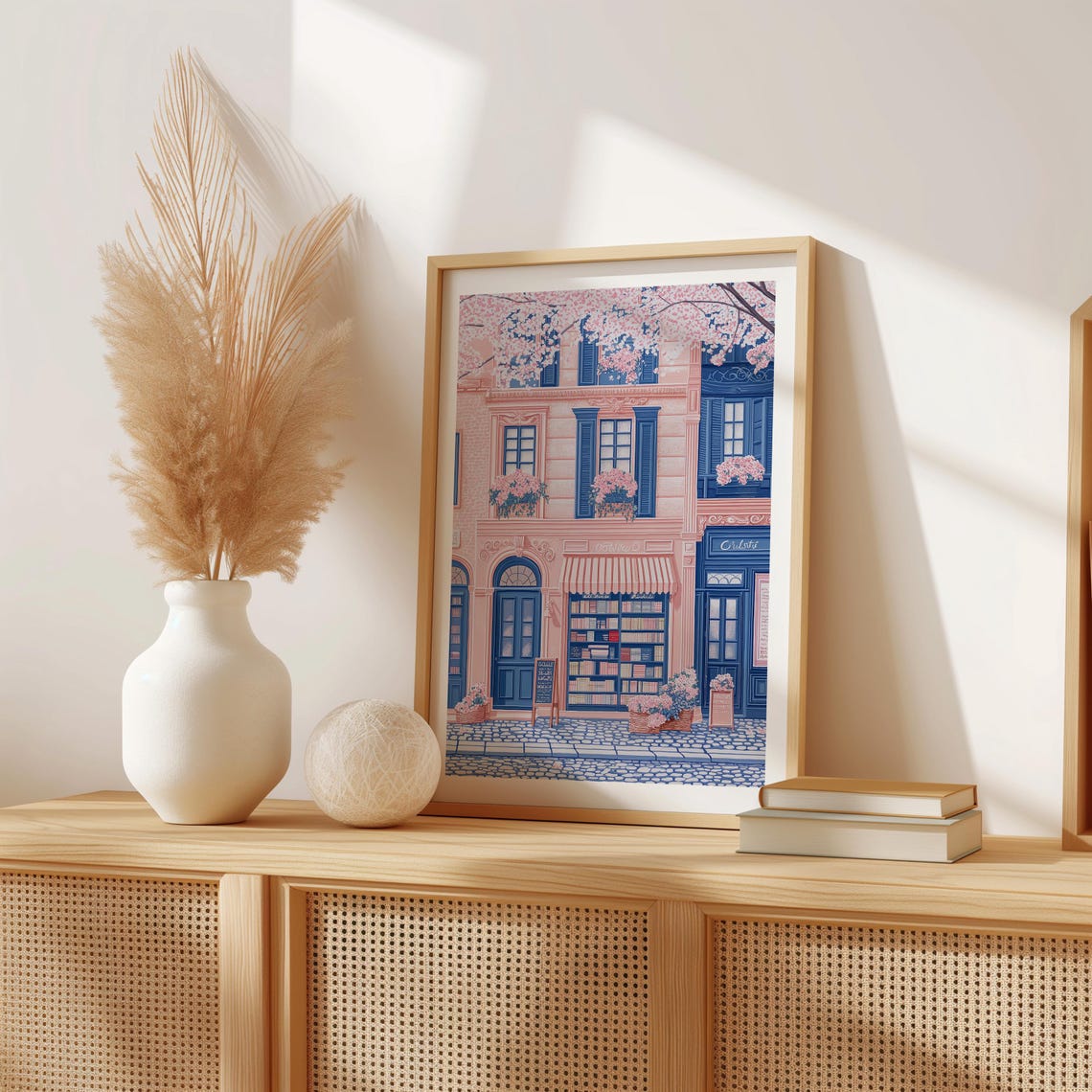 Pink Bookshop Facade With Striped Awning On Cobblestone Street Poster - Image 2