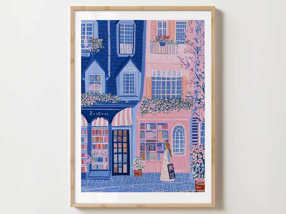 Blue And Pink Bookshop Storefronts With Flowering Blossoms Poster