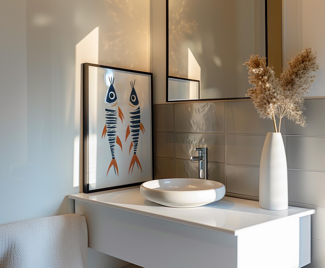 Two Striped Sardine Illustrations In Navy Blue And Orange Art Poster - Image 5