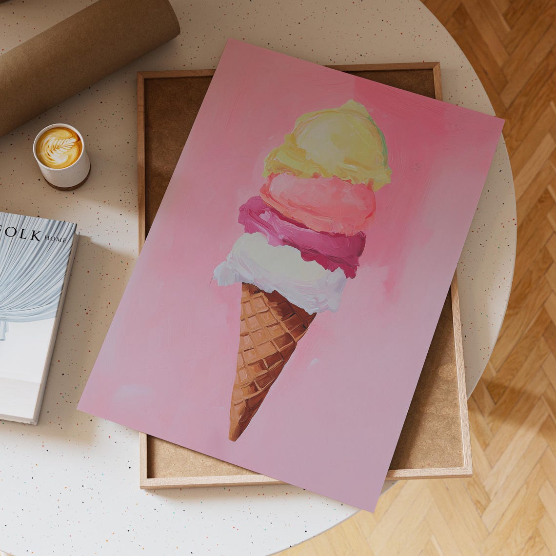 Triple Scoop Pastel Ice Cream Cone On A Pink Painterly Art Poster - Image 5