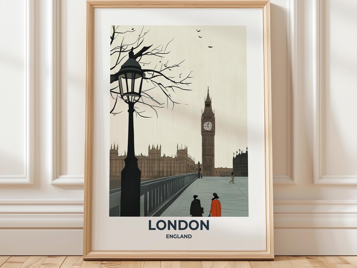 London Big Ben on a Misty Thames Bridge Minimalist Travel Poster