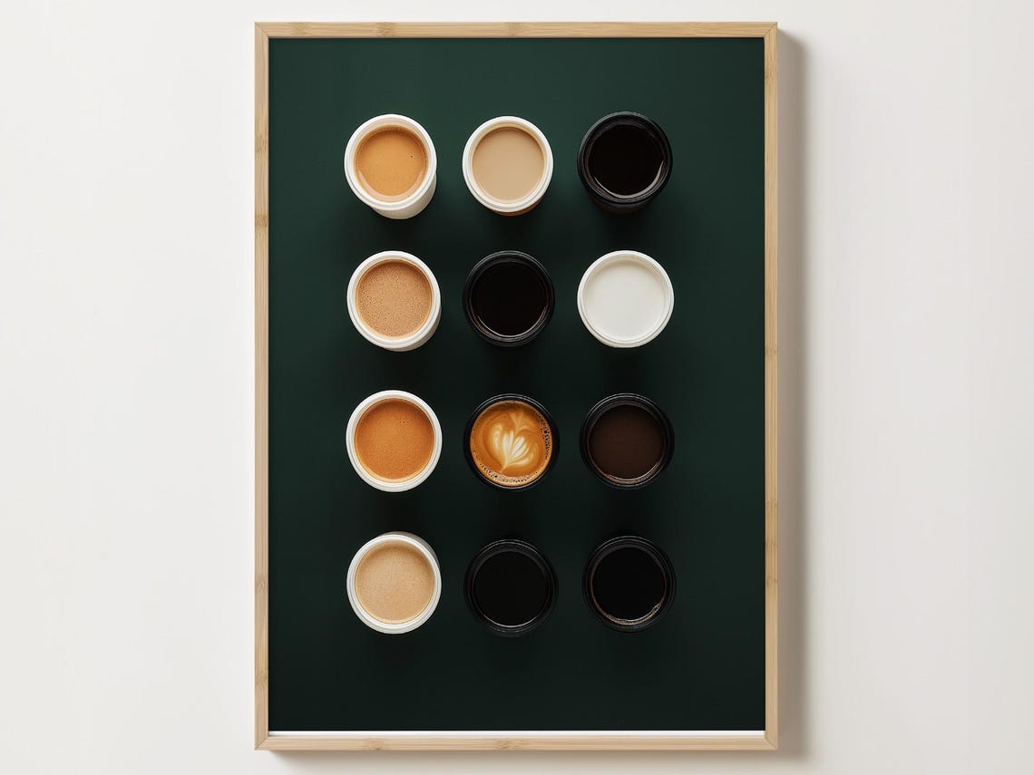 Twelve Coffee Cups Viewed From Above On Deep Green Background Poster