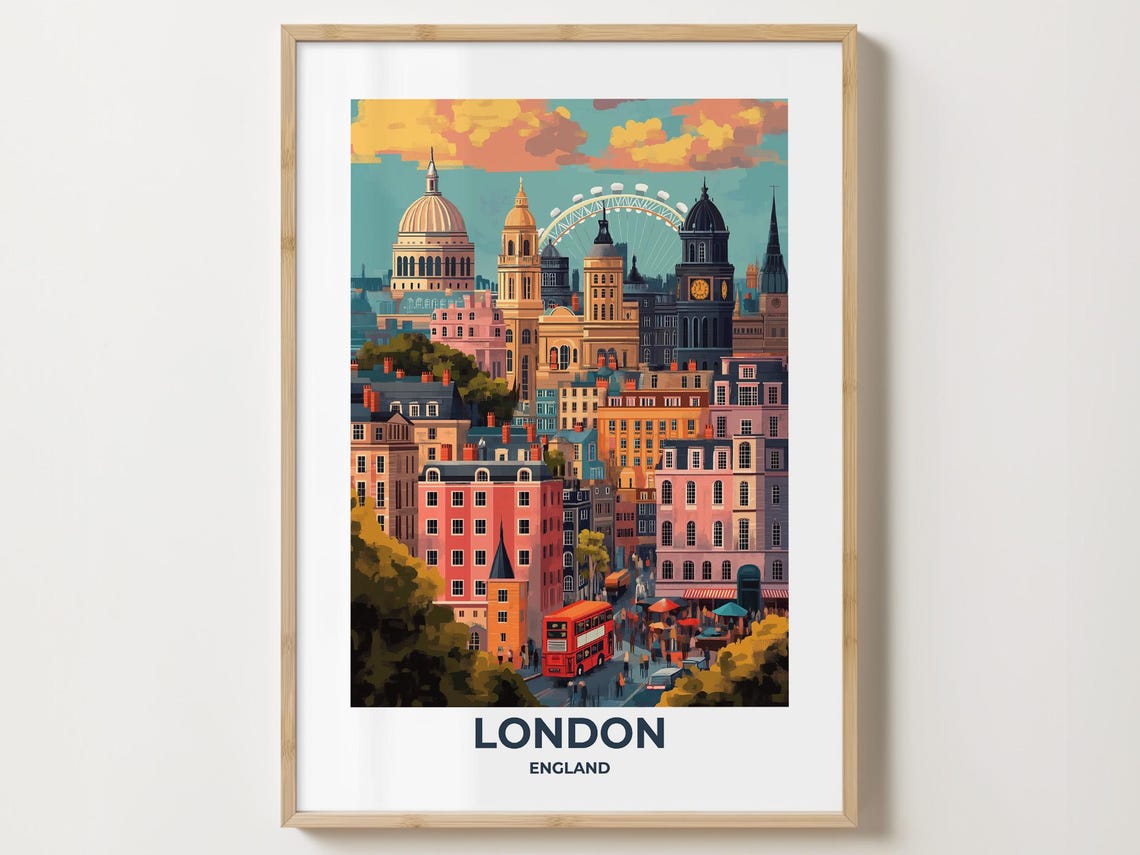 London Skyline St Pauls Dome Big Ben London Eye Red Bus Poster