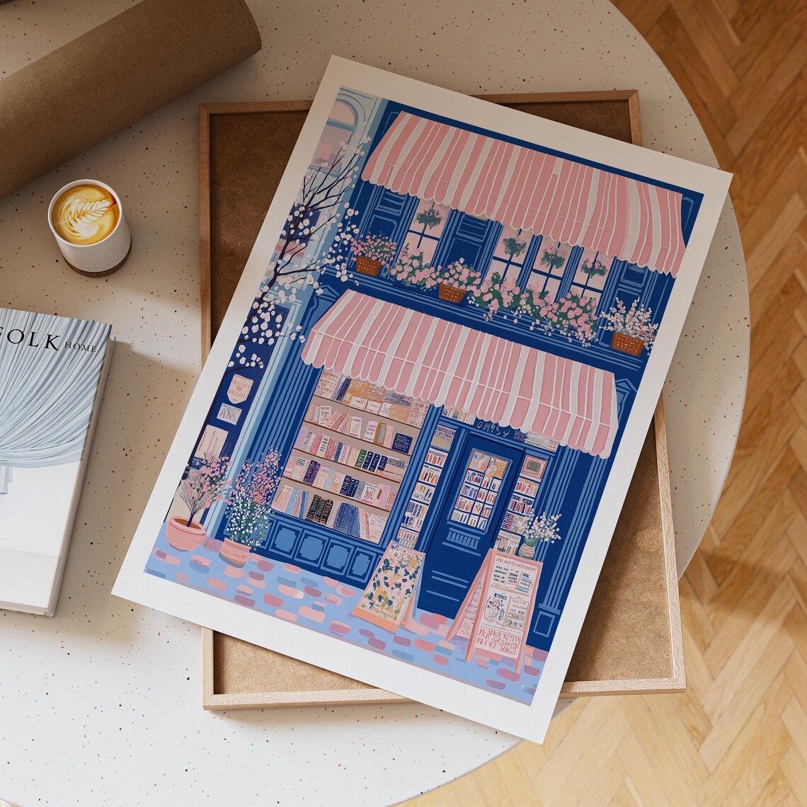 Blue Bookshop With Double Pink Awnings And Blossom Tree Street Poster - Image 6