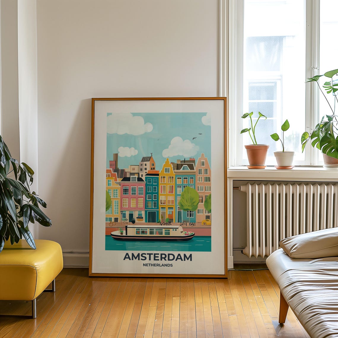 Amsterdam Netherlands Travel Poster With Canal Houses and Boat - Image 2