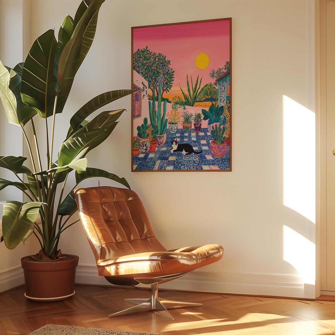 Sunset Moroccan Courtyard With Cat Among Cacti Painting Poster - Image 4