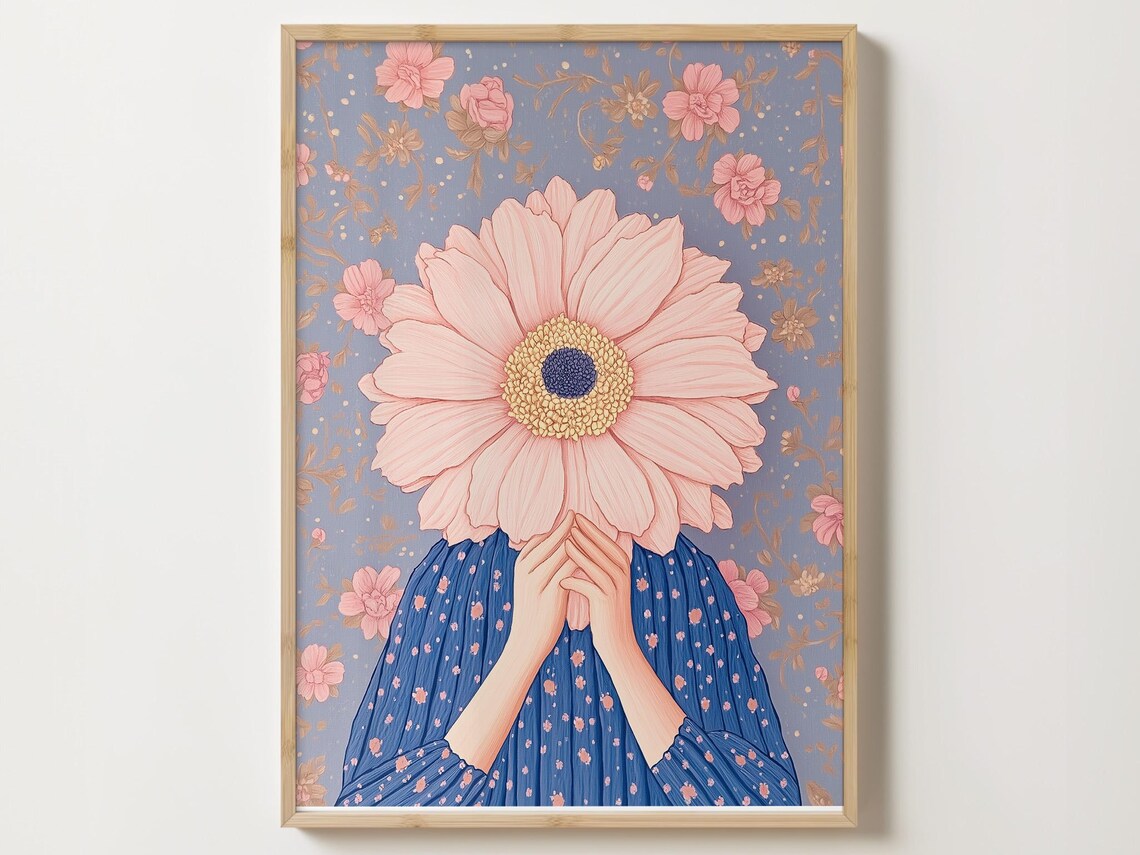 Woman Holding Giant Pink Gerbera Daisy Over Her Face Portrait Poster