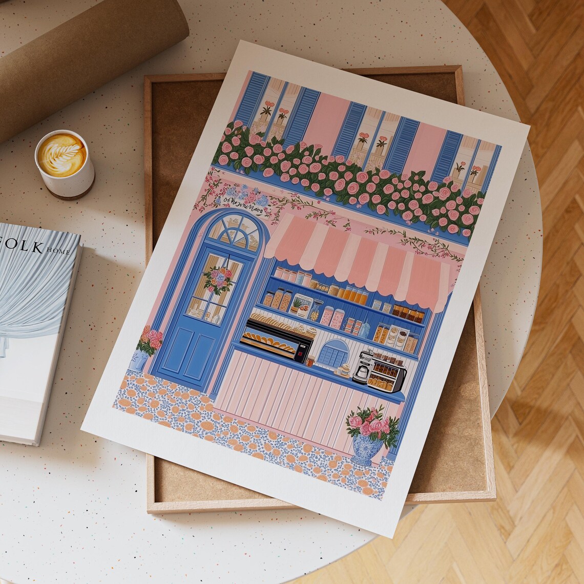 Pink And Blue Parisian Patisserie Kiosk With Roses And Awning Poster - Image 5
