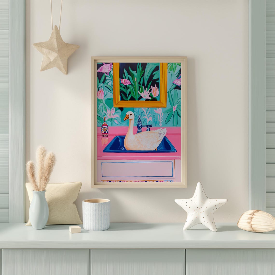 White Goose Bathing In A Blue Sink Inside A Pink Bathroom Poster - Image 3