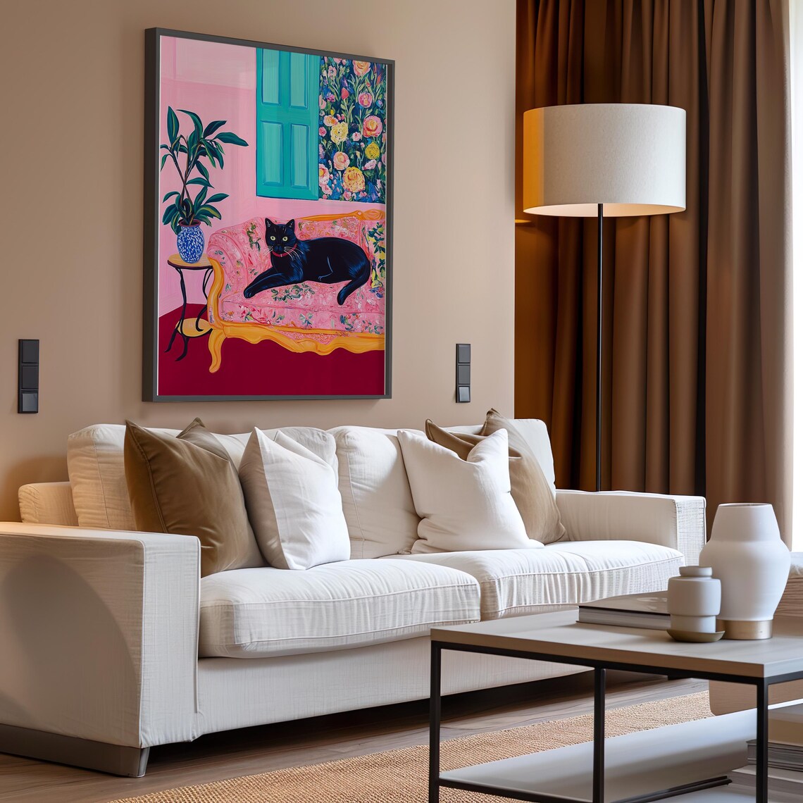 Black Cat Lounging on a Pink Floral Sofa in Pop Art Style Poster - Image 3