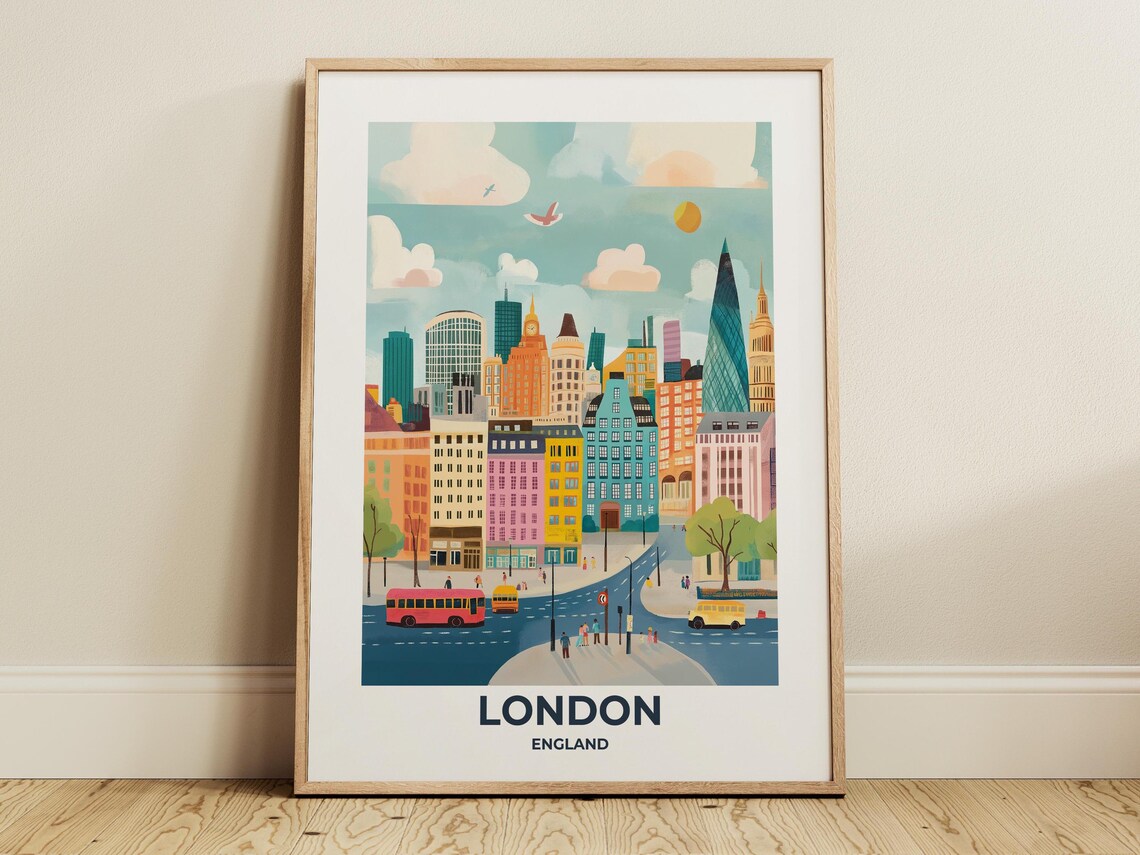 Colorful London Cityscape with Red Double-Decker Bus Travel Poster