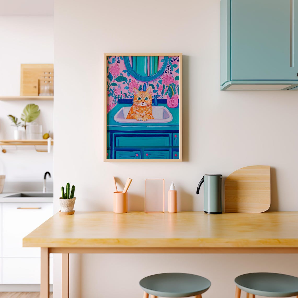 Cheerful Orange Tabby Cat Sitting in a Teal Bathroom Sink Poster - Image 5