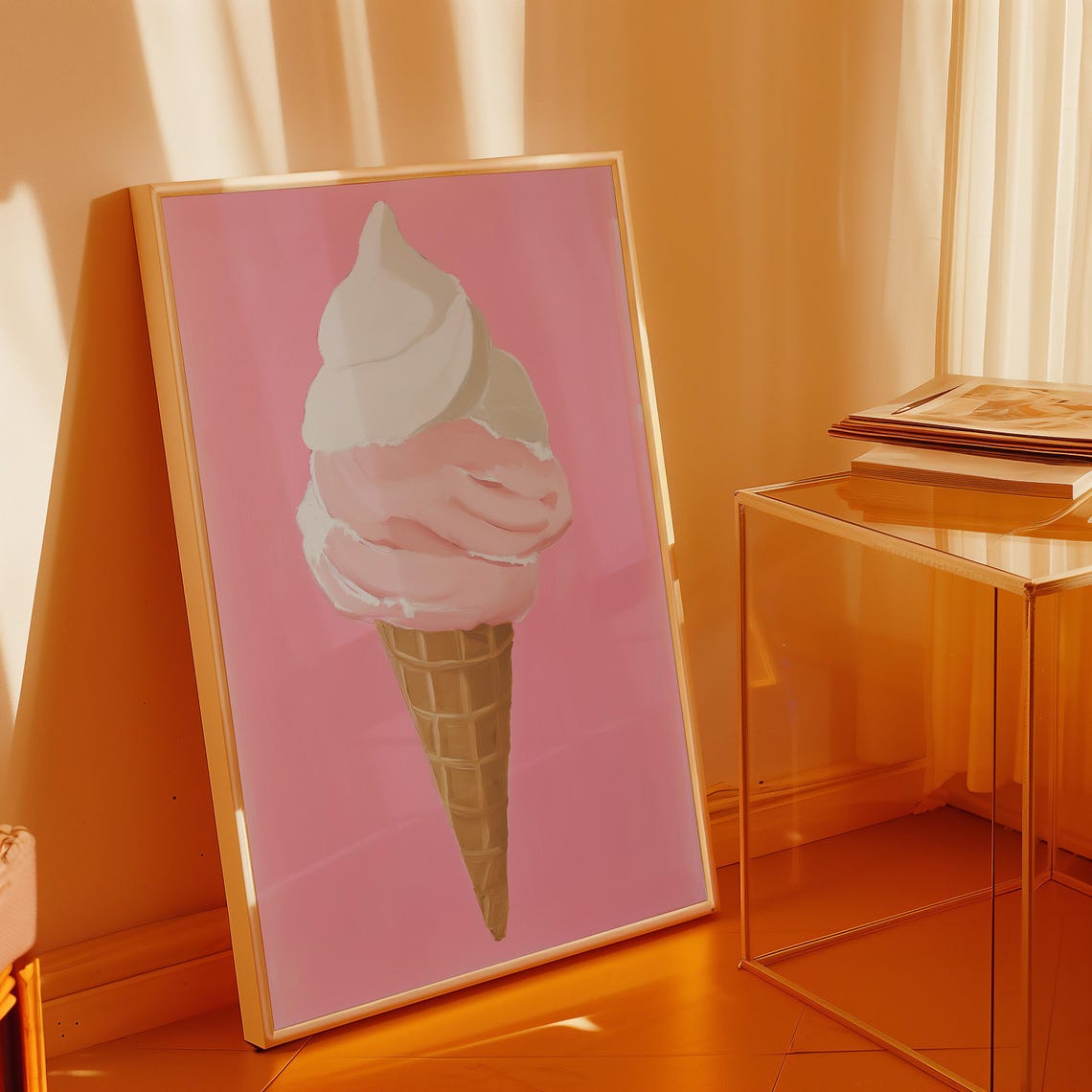 Strawberry And Vanilla Soft Serve Ice Cream Cone On Pink Wall Poster - Image 3