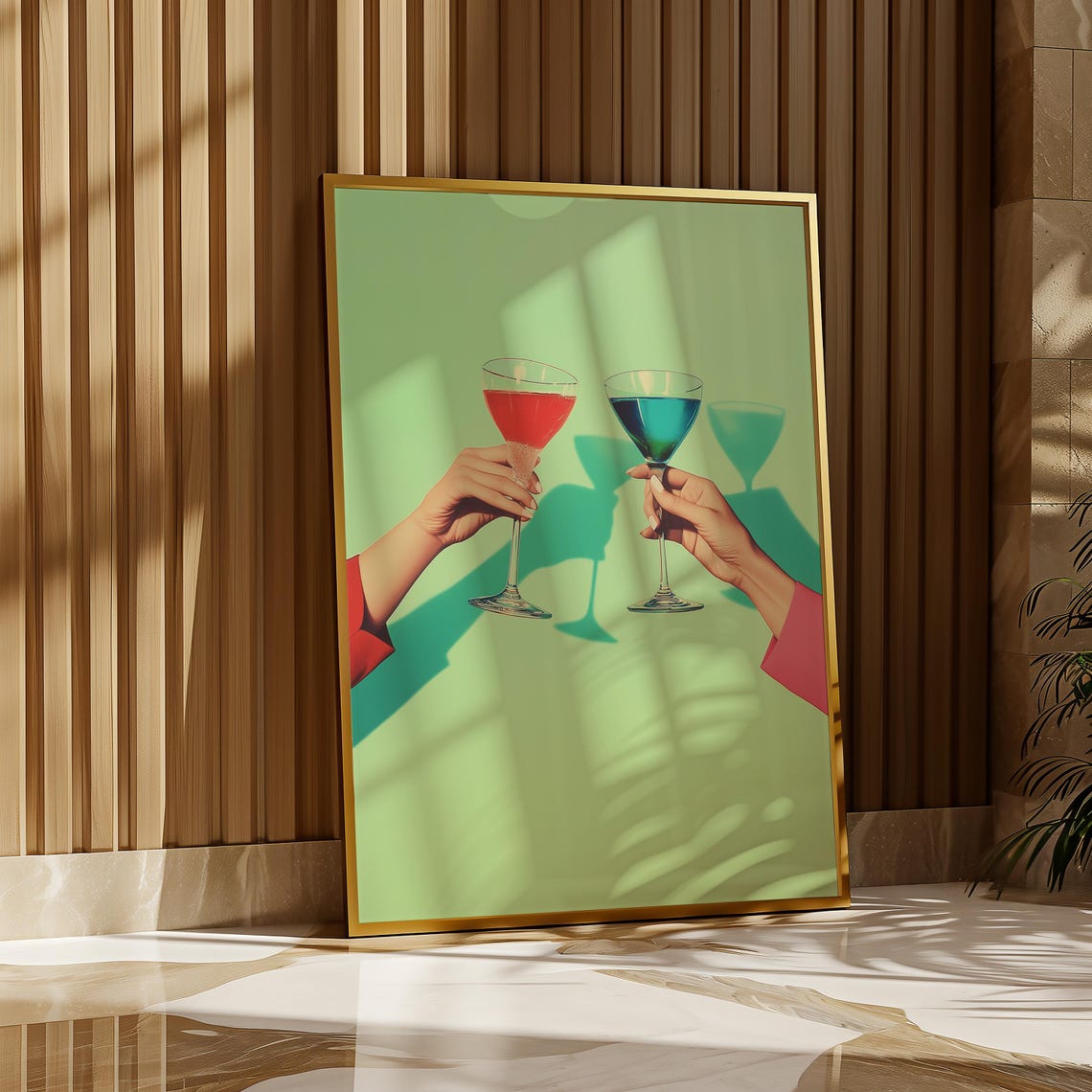 Two Hands Toasting With Red And Blue Cocktails On Green Poster - Image 3