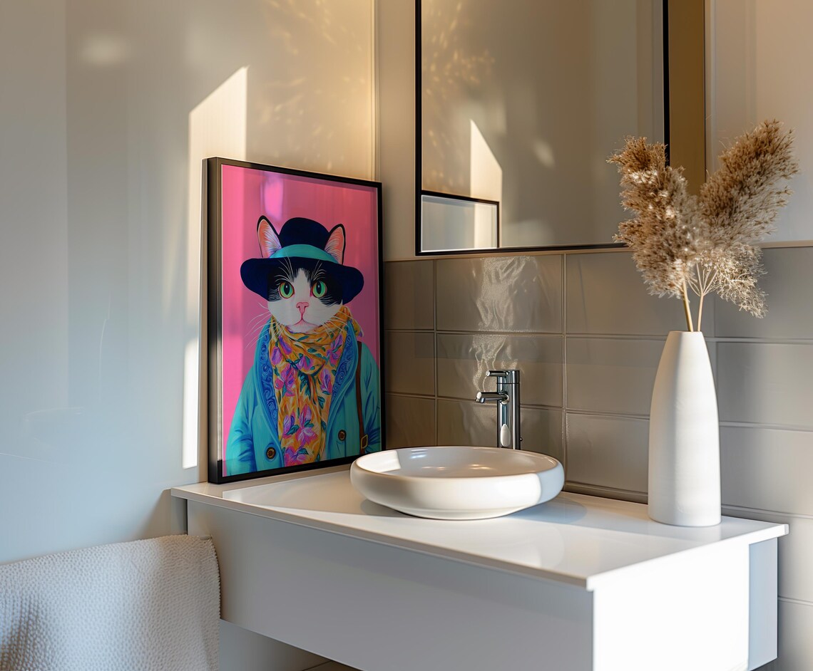 Dapper Cat Portrait In Hat Coat And Floral Scarf On Pink Poster - Image 2