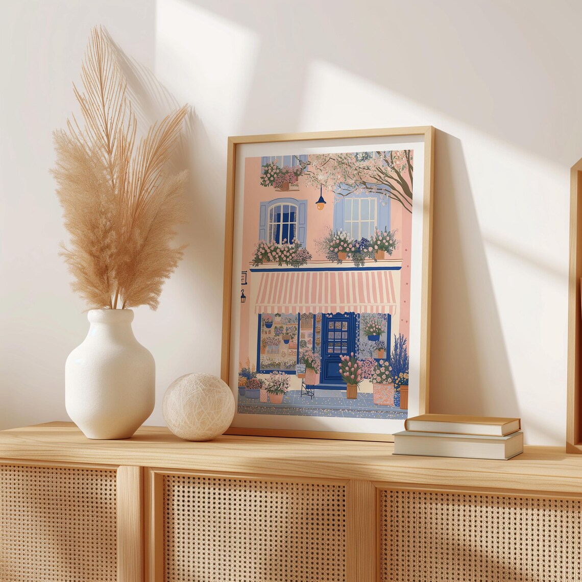Parisian Flower Shop Facade With Blue Door and Striped Awning Print - Image 3