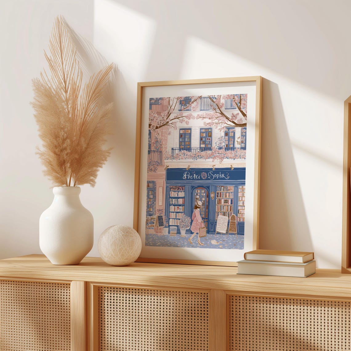 Woman Strolling Past a Spring Bookshop Storefront Art Poster - Image 2