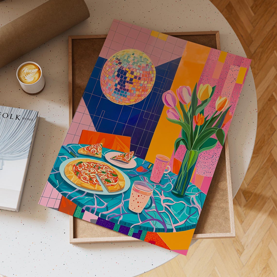 Retro Pizza Night Scene With Disco Ball and Fresh Tulips Wall Art - Image 3