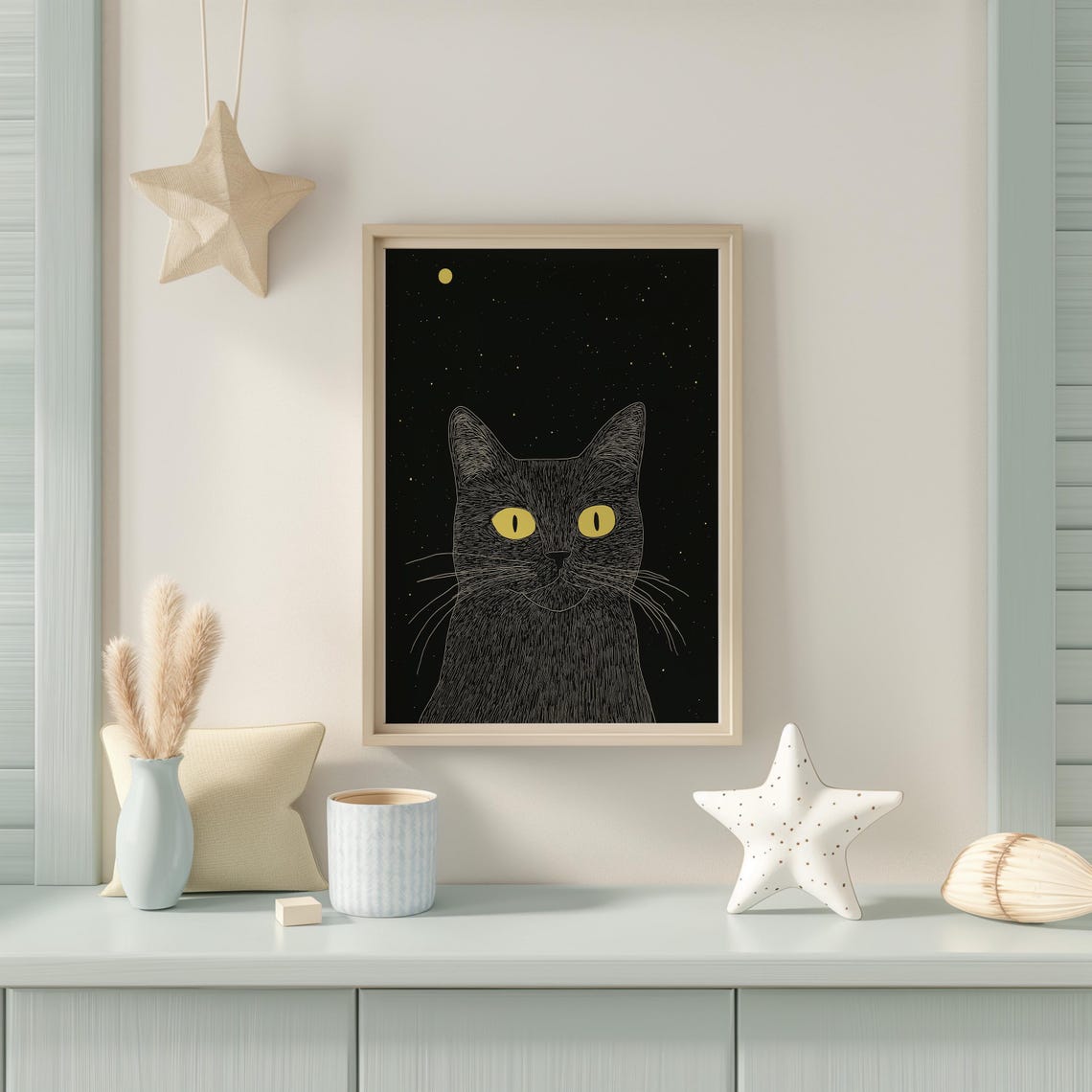 Black Cat With Yellow Eyes Staring Under A Starry Night Sky Poster - Image 2