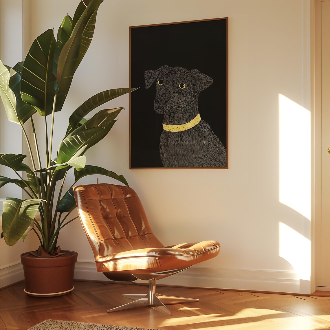 Black Dog Portrait With Golden Eyes And Yellow Collar On Dark Poster - Image 3