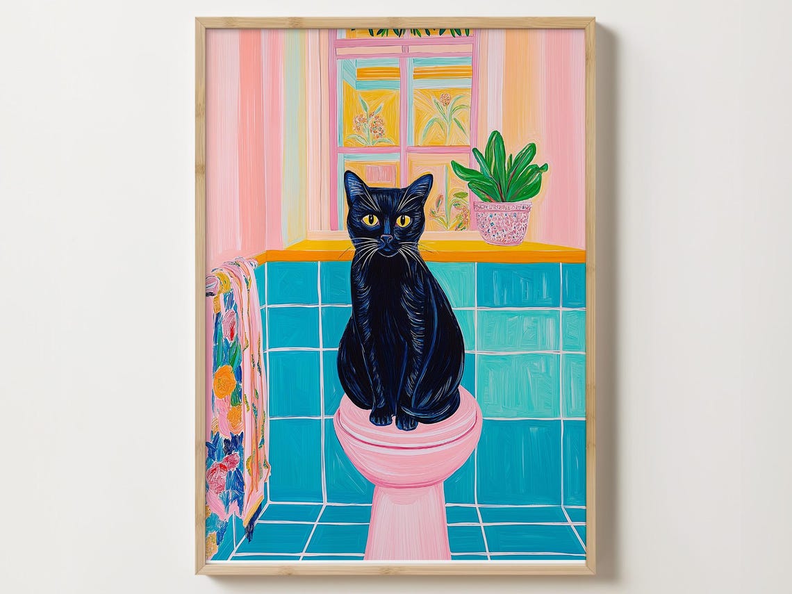 Black Cat on Pink Toilet Seat in a Teal Tiled Bathroom Poster