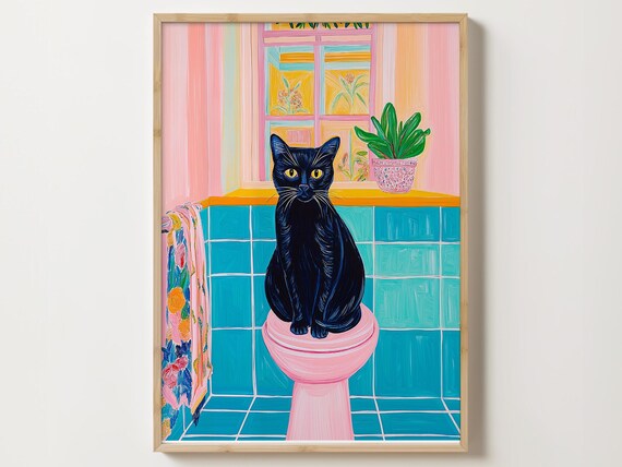 Black Cat on Pink Toilet Seat in a Teal Tiled Bathroom Poster