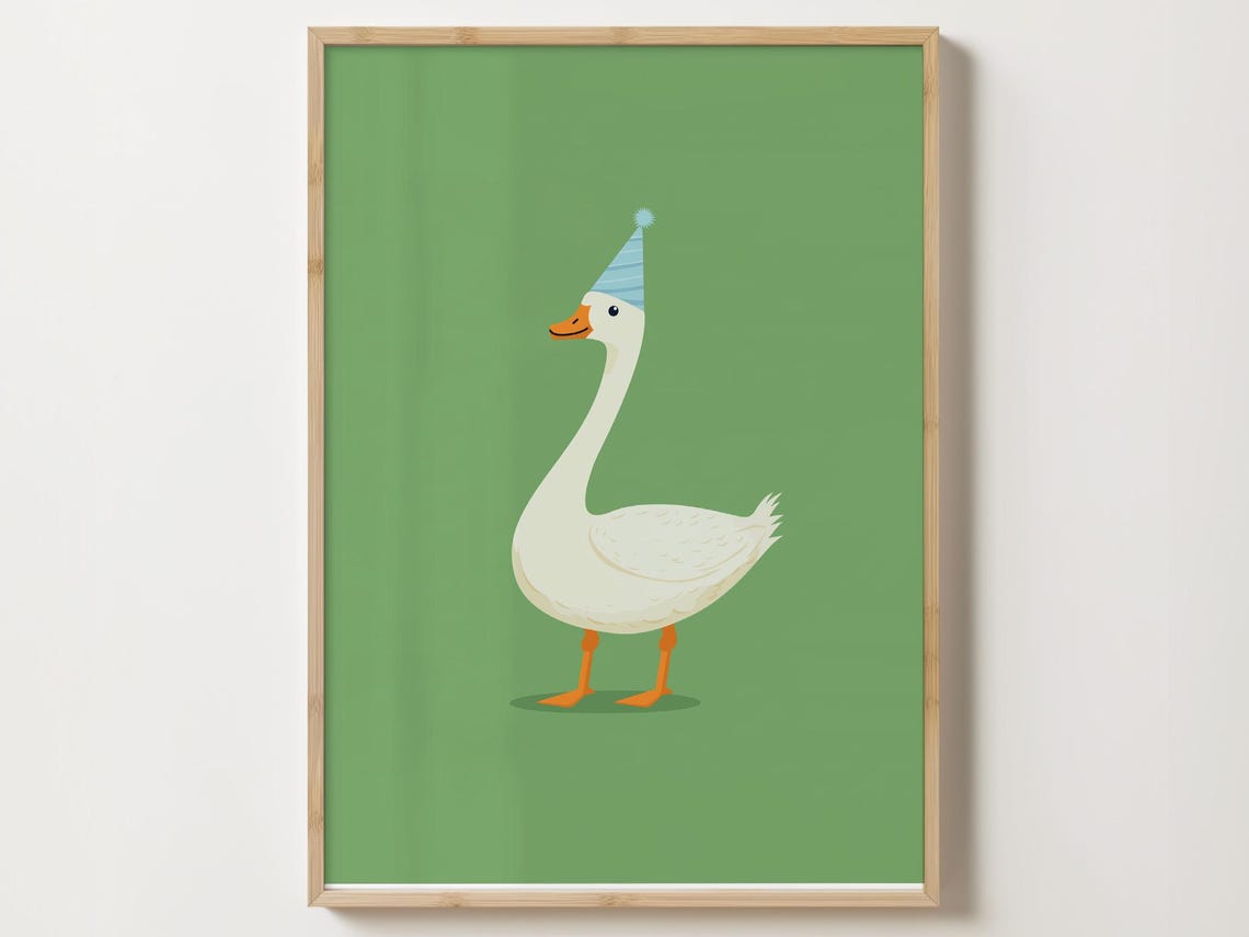 White Goose In A Party Hat Standing On Green Background Poster