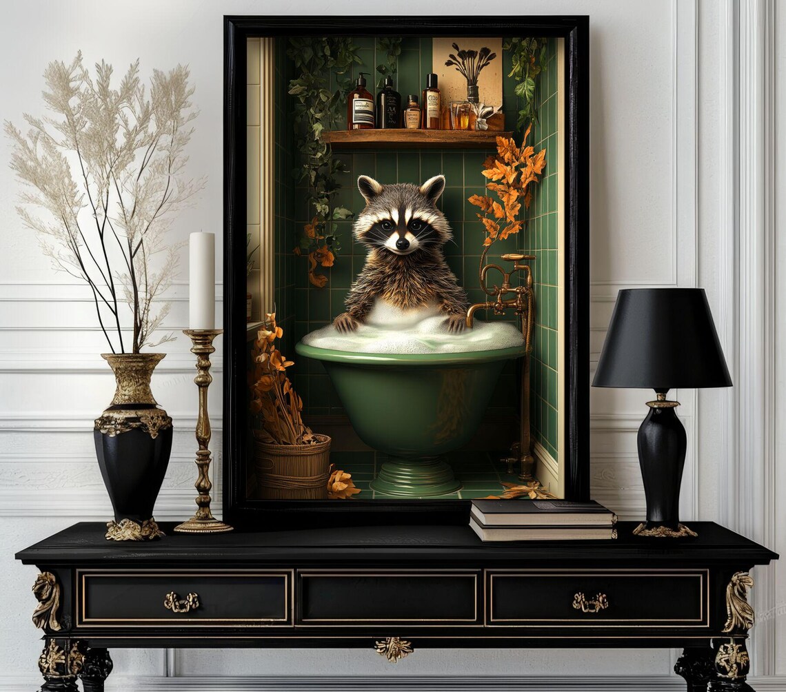 Raccoon in Bubble Bath Green Tiled Bathroom Funny Animal Poster