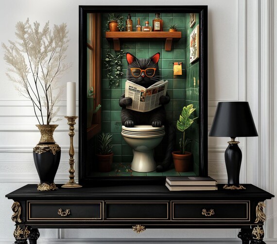 Black Cat Reading Newspaper on Toilet Emerald Tile Bathroom Poster