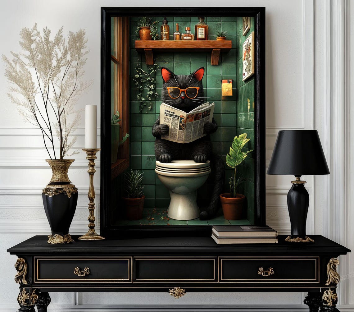 Black Cat Reading Newspaper on Toilet Emerald Tile Bathroom Poster