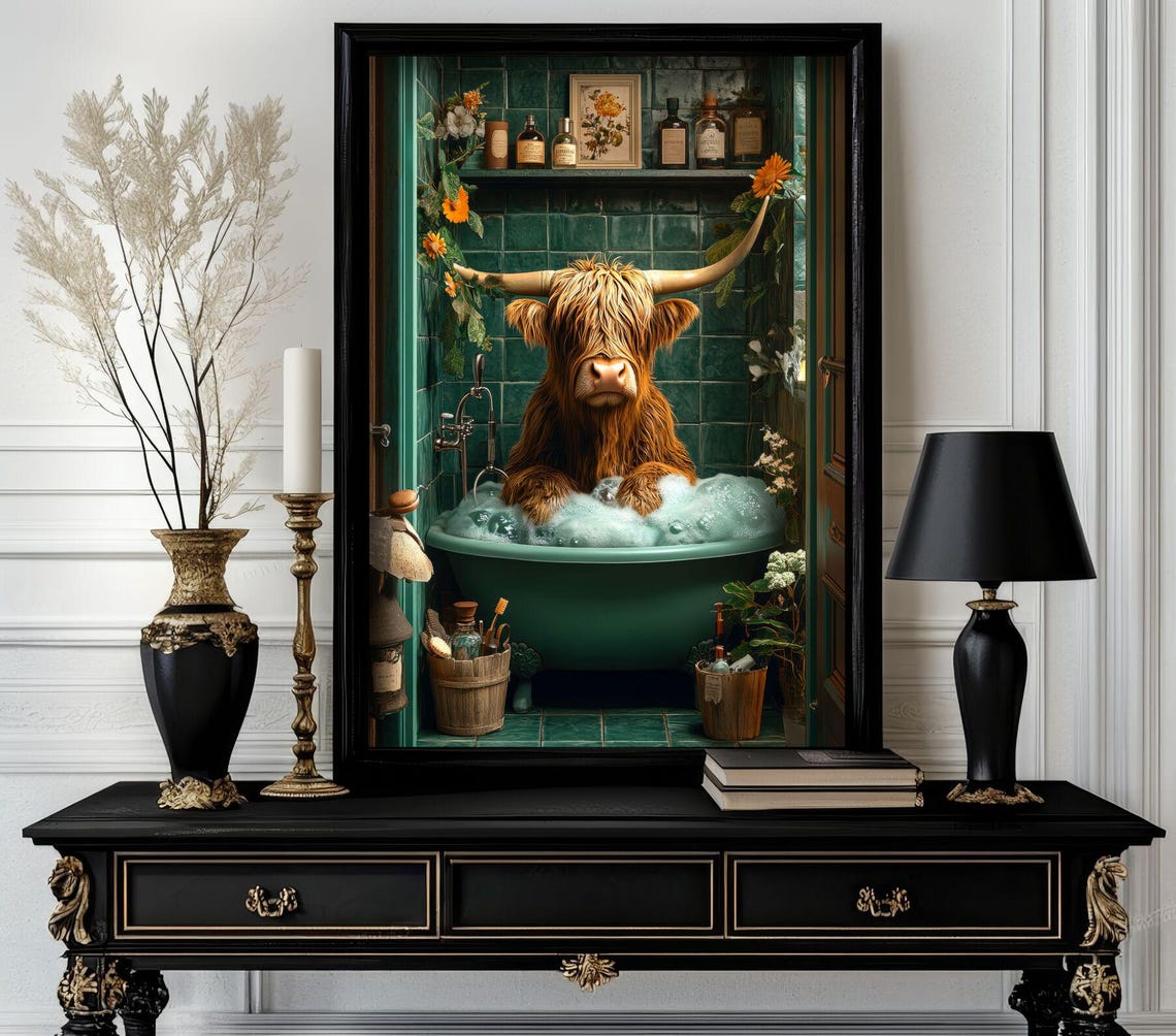 Highland Cow in Bubble Bath Green Tiles Funny Bathroom Poster