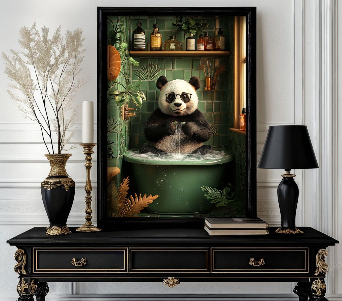 Funny Panda in Glasses Splashing Water in a Bubble Bath Poster