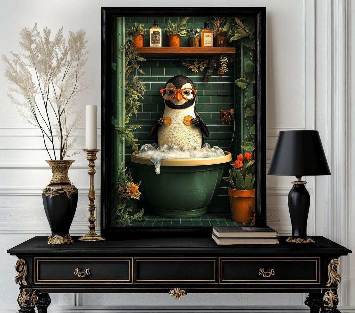 Bubble Bath Penguin Wearing Orange Glasses Green Tile Bathroom Poster