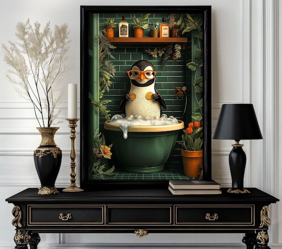 Funny Bathroom Penguin Poster Animal On Toilet Wall Art Gag Gift For Guest Quirky Decor White Elephant 60