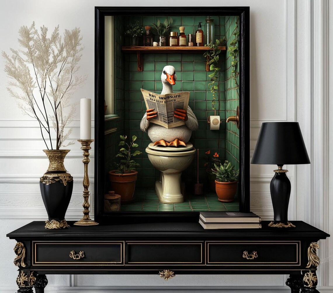 Funny White Goose Reading Newspaper on Toilet Green Tile Poster