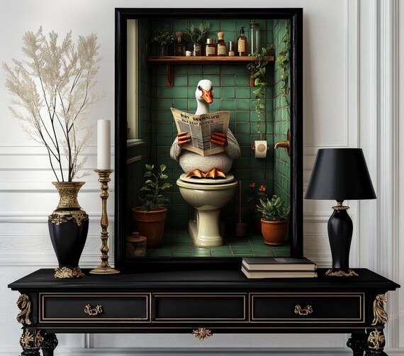Funny Bathroom Goose Poster Animal On Toilet Wall Art Gag Gift For Guest Quirky Decor White Elephant 101
