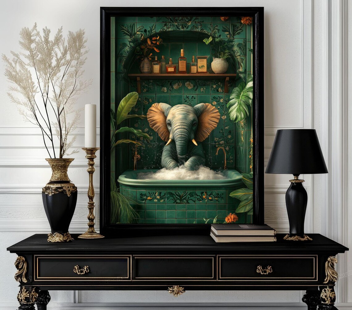 Baby Elephant Bubble Bath in Tropical Green Bathroom Animal Poster