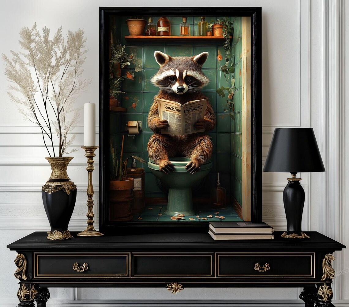 Funny Raccoon Reading Newspaper on a Toilet Bathroom Gag Poster