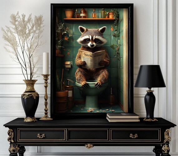 Funny Bathroom Raccoon Poster Animal On Toilet Wall Art Gag Gift For Guest Quirky Decor White Elephant 215