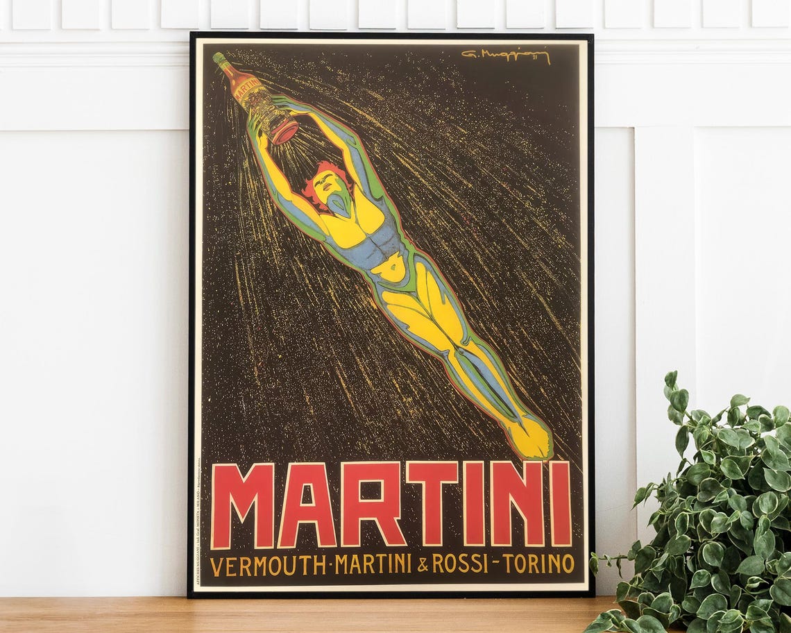 Vintage Martini Vermouth Diving Athlete Bottle Italian Ad Poster
