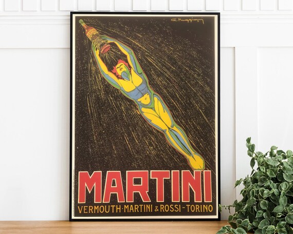 Vintage Martini Vermouth Diving Athlete Bottle Italian Ad Poster