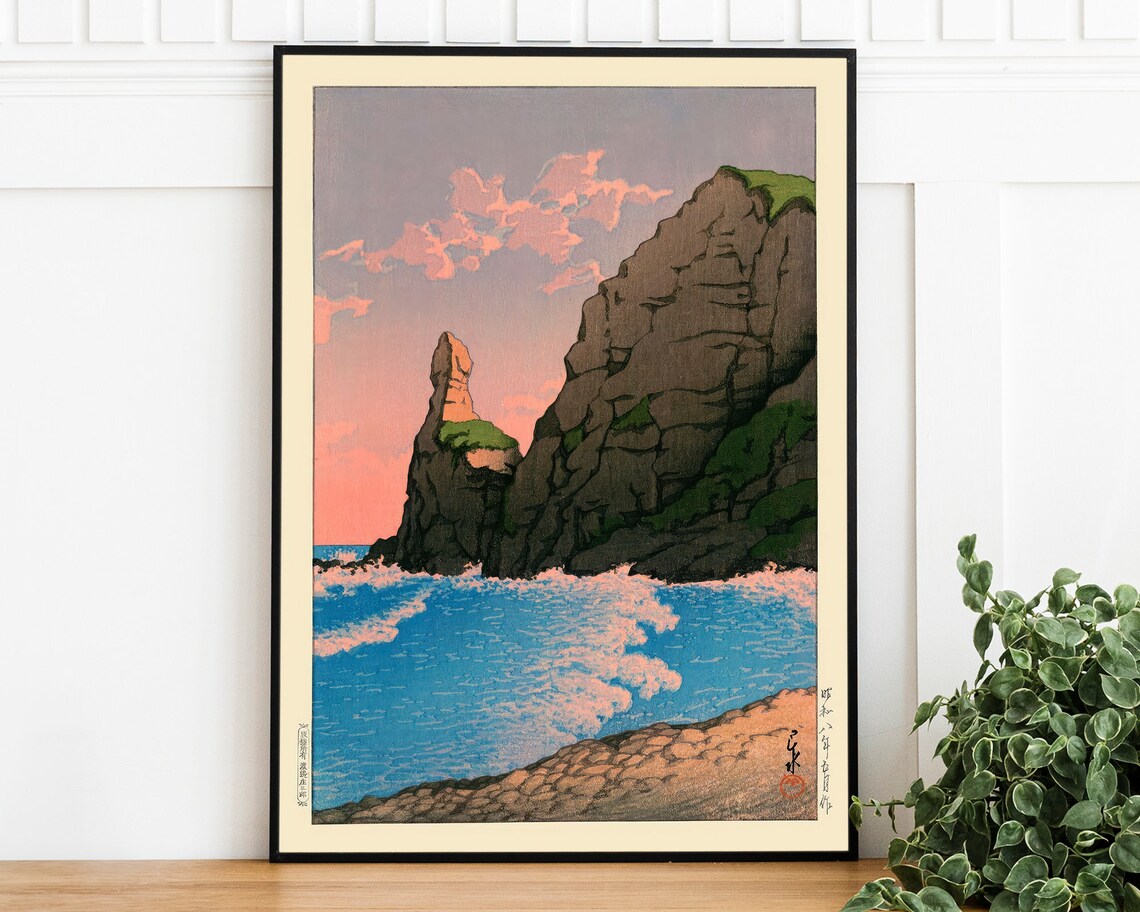 Vintage Japanese Coastal Cliff Sunset Waves Woodblock Art Poster