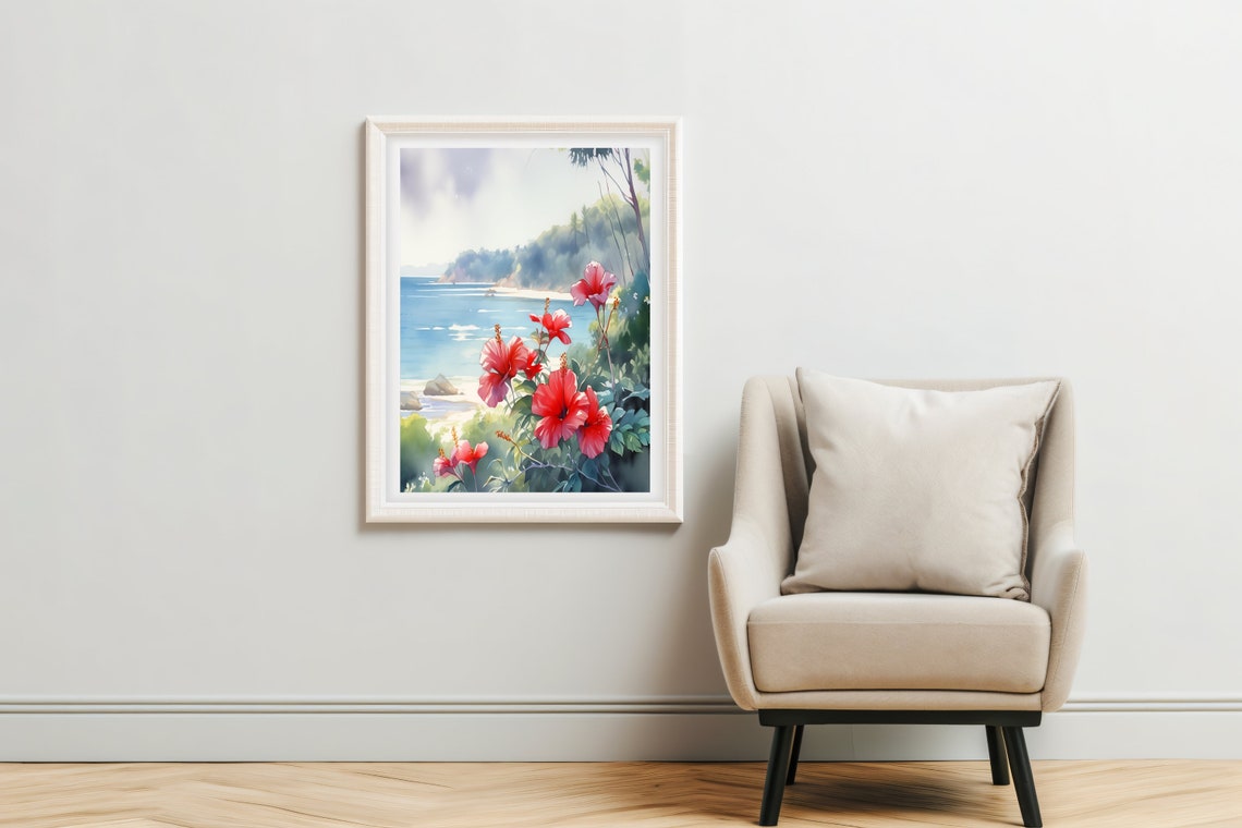 Hibiscus Water Color Art Red Floral Beach Scene With Palm Trees Blue Water Print For Home Decor - Image 4