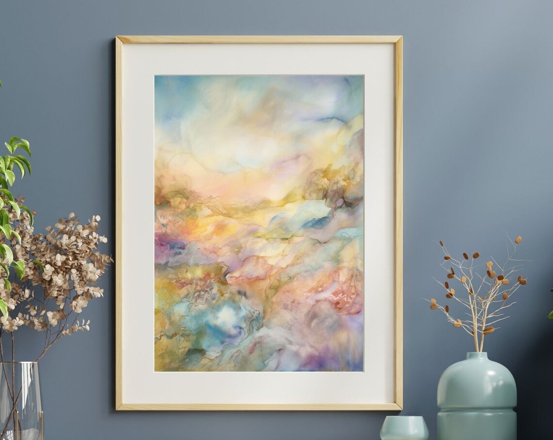 Pastel Abstract Watercolor Blue Gold Pink Dreamy Cloud Art Print