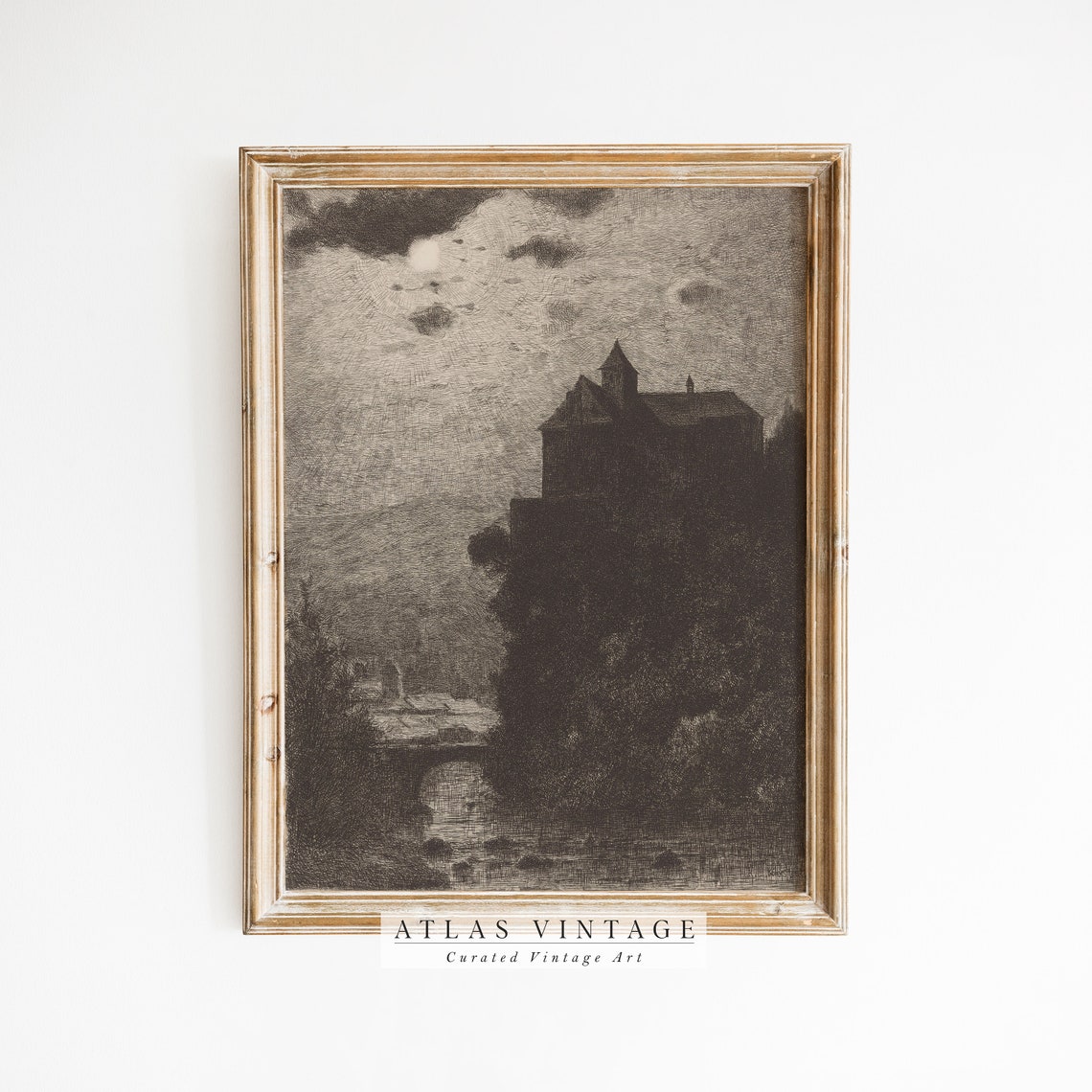 Dark Moody Castle on a Hill at Night Monochrome Vintage Gothic Poster - Image 7