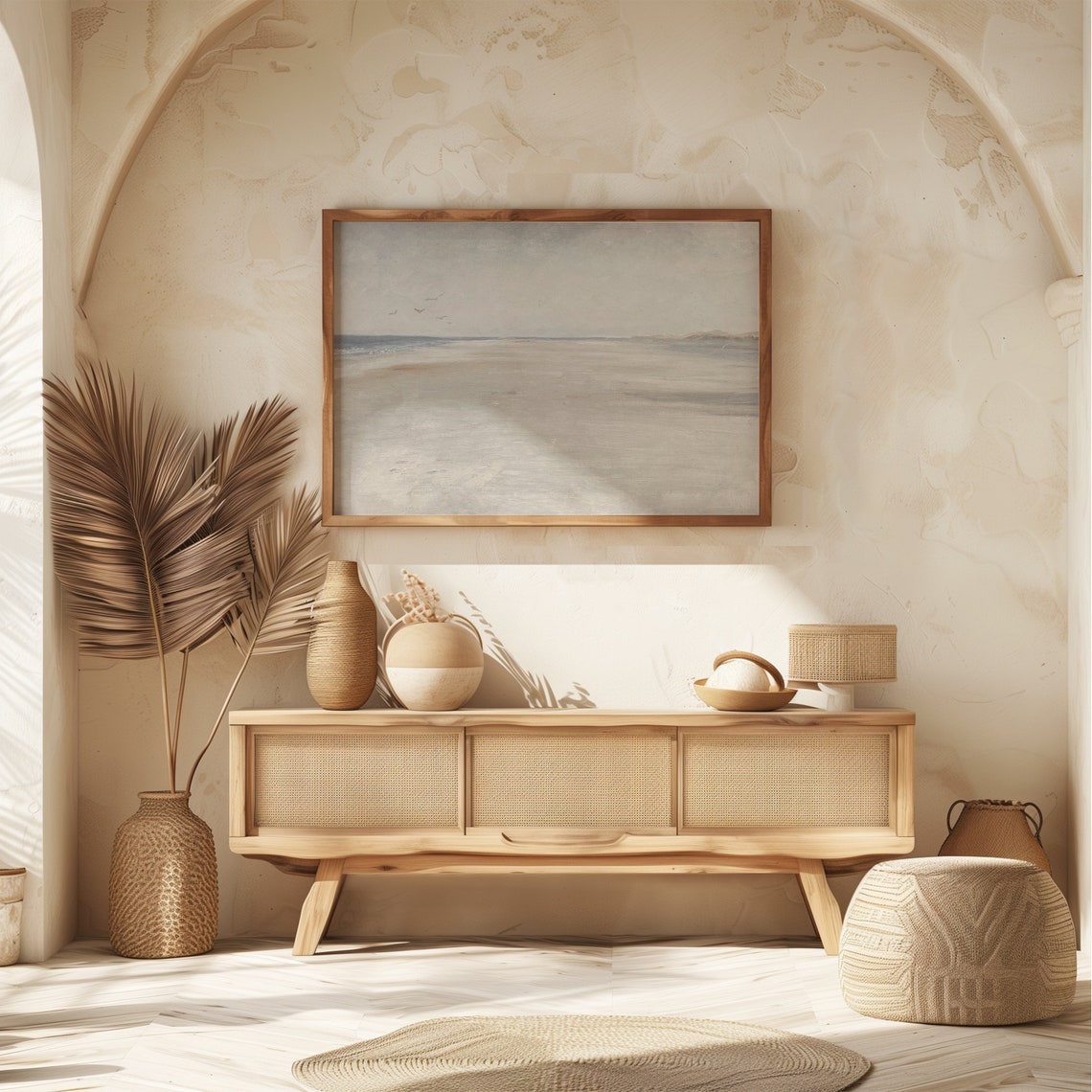 Misty Neutral Beach Painting Distant Birds Minimal Coastal Poster - Image 7