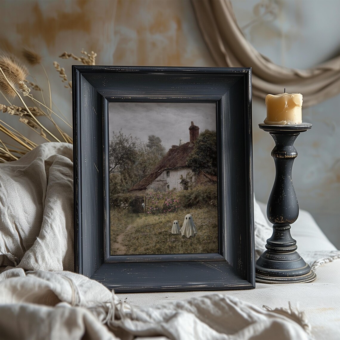 Cute Sheet Ghosts Rustic Country Cottage Autumn Garden Halloween Poster - Image 2