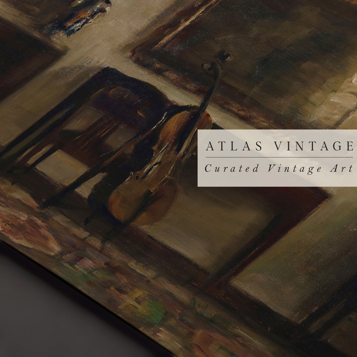 Moody Interior with Cello by Window Dark Vintage Painting Poster - Image 3