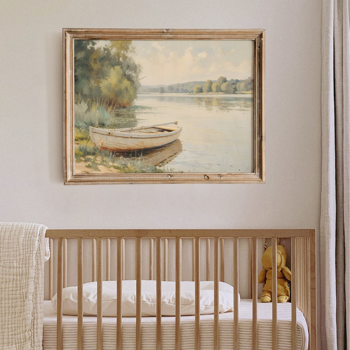 Vintage Summer Lake With White Rowboat Calm Water Landscape Painting Poster - Image 2