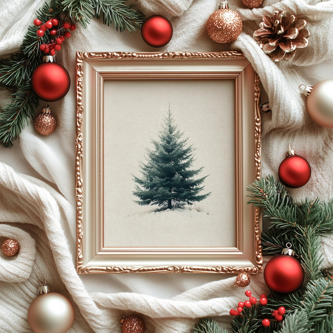 Snowy Spruce Tree Winter Minimalist Painting Neutral Holiday Wall Art - Image 4